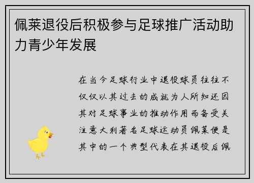 佩莱退役后积极参与足球推广活动助力青少年发展
