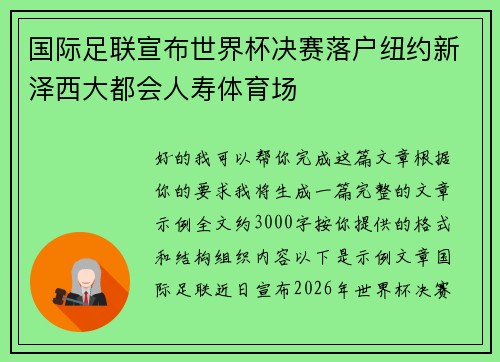 国际足联宣布世界杯决赛落户纽约新泽西大都会人寿体育场