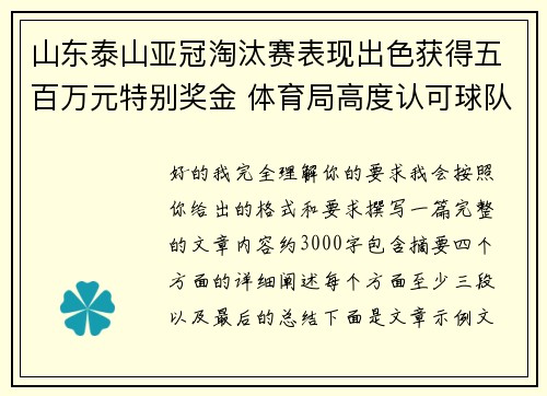 山东泰山亚冠淘汰赛表现出色获得五百万元特别奖金 体育局高度认可球队努力